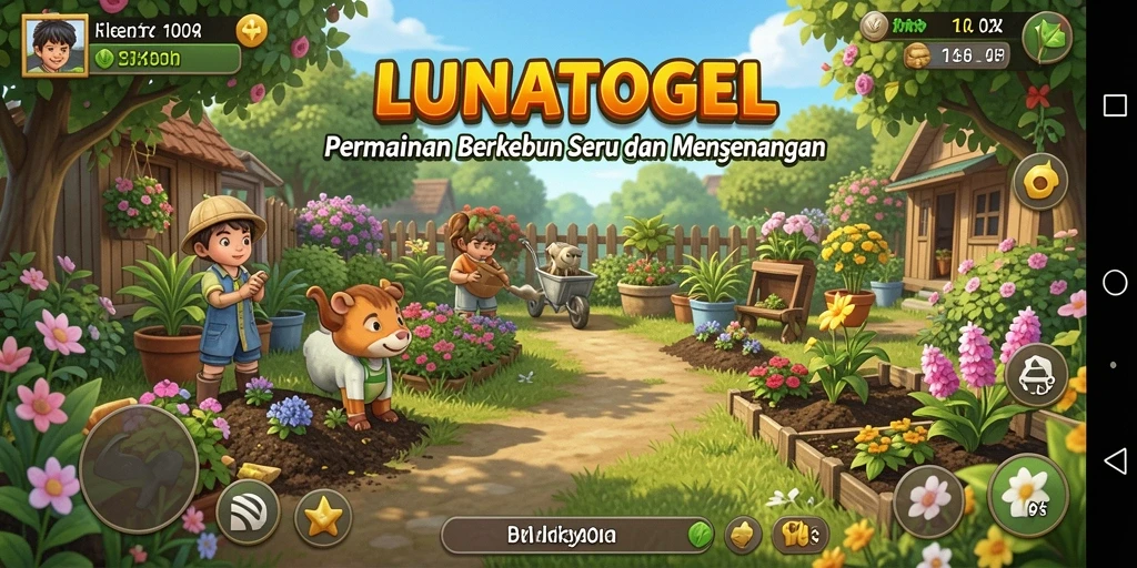Screenshot gameplay LUNATOGEL dengan aksen kebun yang indah.