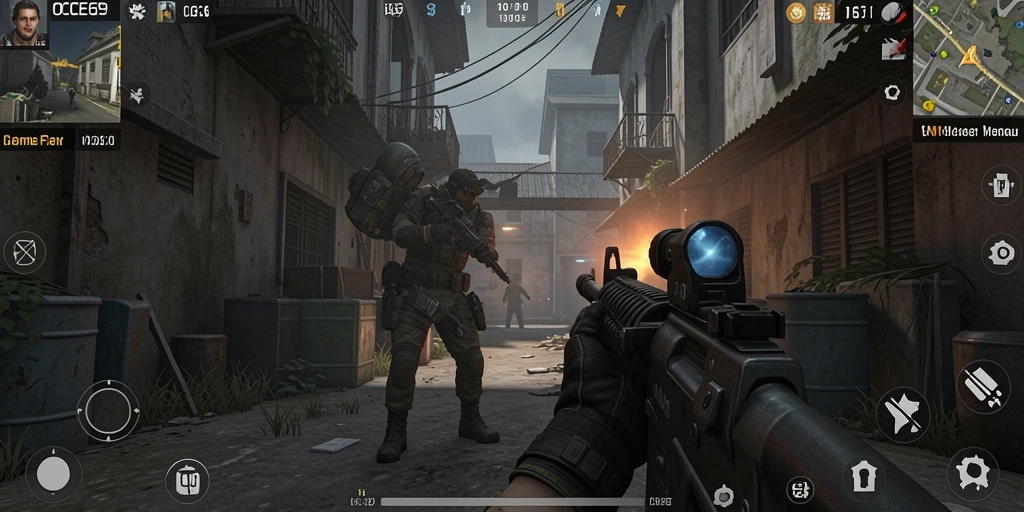 Screenshot gameplay OCE69 dengan aksi tembak-tembakan intens.