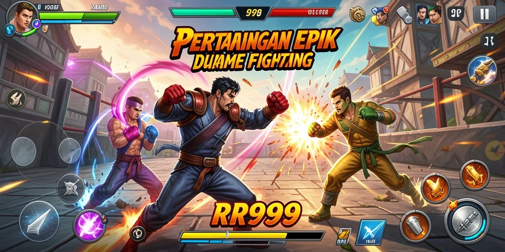 Tampilan screenshot utama RR999 yang menunjukkan aksi pertarungan yang dinamis.