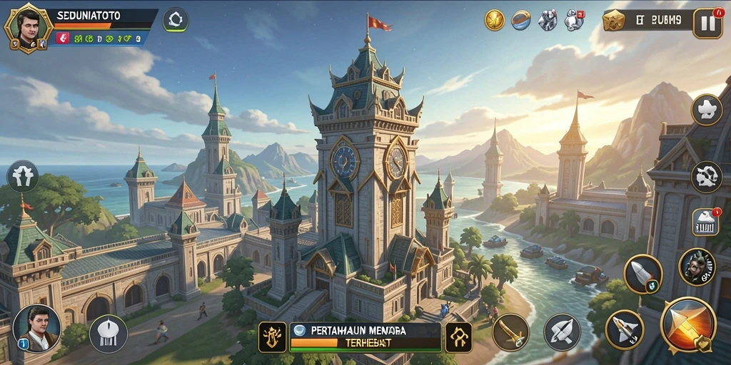 Tampilan gameplay penuh aksi di SEDUNIATOTO dengan menara yang dibangun.
