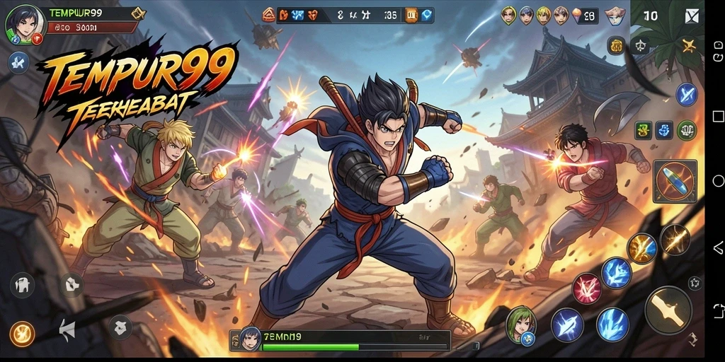 Tampilan gameplay TEMPUR99 menampilkan pertarungan karakter anime yang seru.