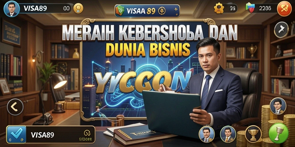 Tampilan gameplay seru dari VISA89 yang menampilkan manajemen bisnis Tycoon.